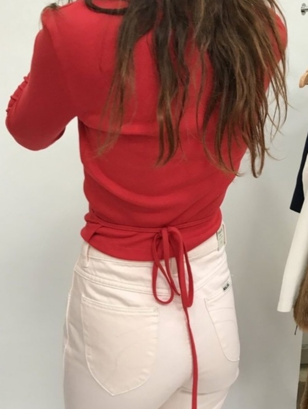 Lisa Says Gah Lucille Wrap Top Red Ribbed Long Sleeve Cropped Cotton Size M - Picture 3 of 15